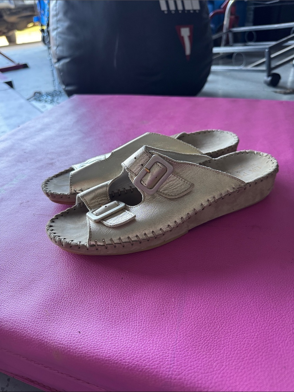 La Plume Women’s Casual Slide Mules with Dual Buckles in Light Beige size 39